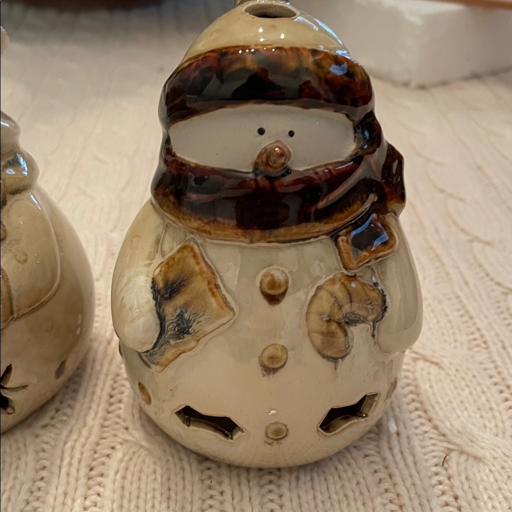 NIB North Lights at Home snowmen tea light holders. Ceramic. Glazed unused tan - Picture 6 of 13